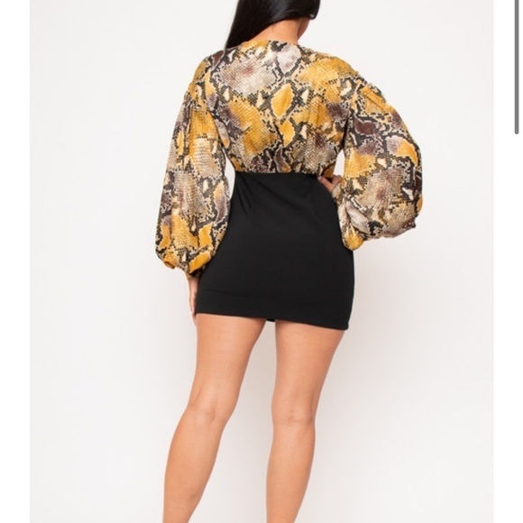 SHADES OF BLONDE LACE UP BALLOON SLEEVES REPTILE PRINT MINI DRESS SIZE LARGE NWT - Picture 3 of 10